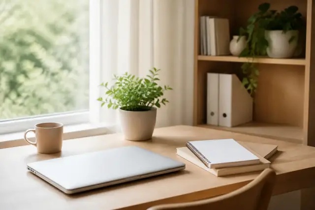 Un coin de bureau à domicile devant une fenêtre, lumière du matin, ordinateur portable fermé, carnet et plante verte