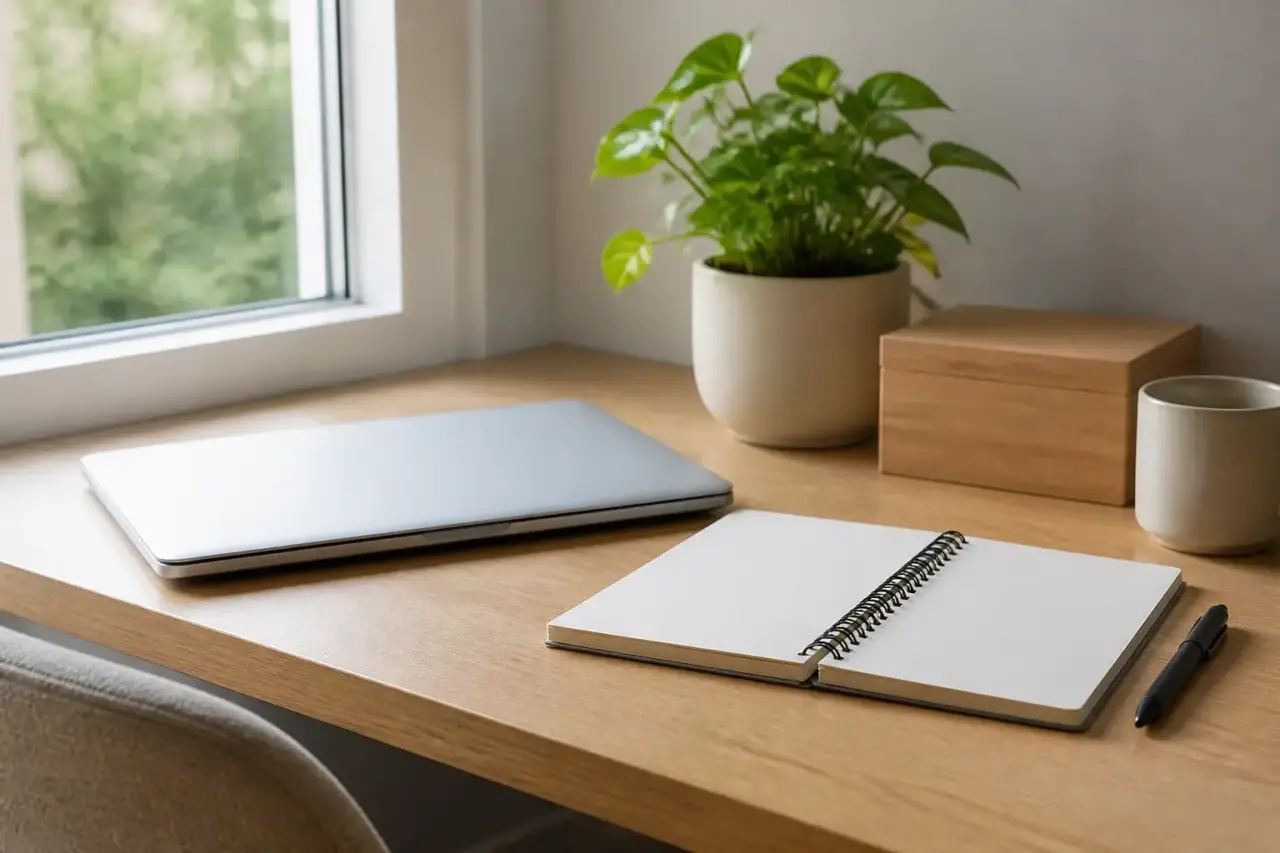 Un coin de bureau à domicile devant une fenêtre, lumière du matin, ordinateur portable fermé, carnet et plante verte