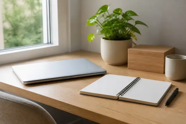 Un coin de bureau à domicile devant une fenêtre, lumière du matin, ordinateur portable fermé, carnet et plante verte