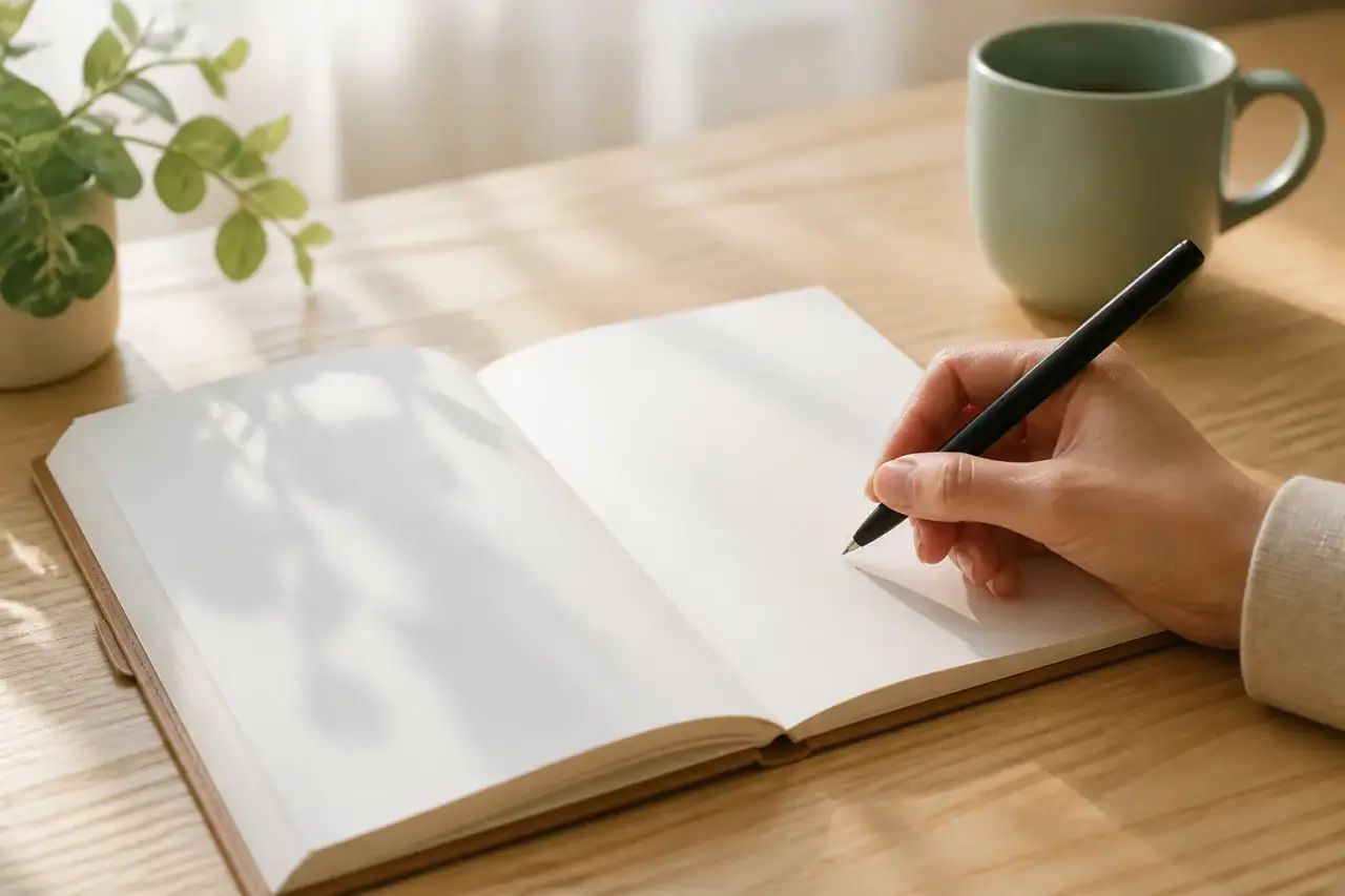 Une main écrit dans un carnet ouvert posé sur une table en bois clair, une tasse à côté