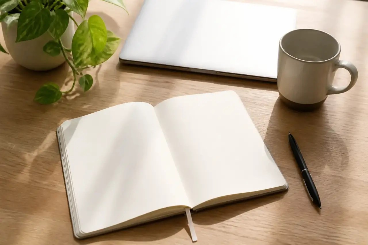 Un plan de travail d’indépendant vu en plongée : carnet ouvert aux pages vierges, stylo, tasse, ordinateur portable fermé et plante verte sur du bois clair