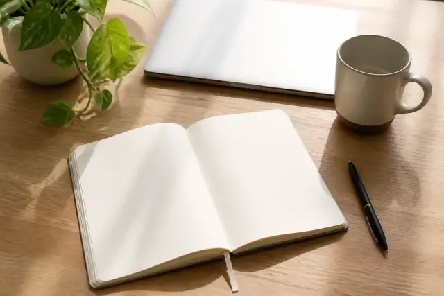 Un plan de travail d’indépendant vu en plongée : carnet ouvert aux pages vierges, stylo, tasse, ordinateur portable fermé et plante verte sur du bois clair