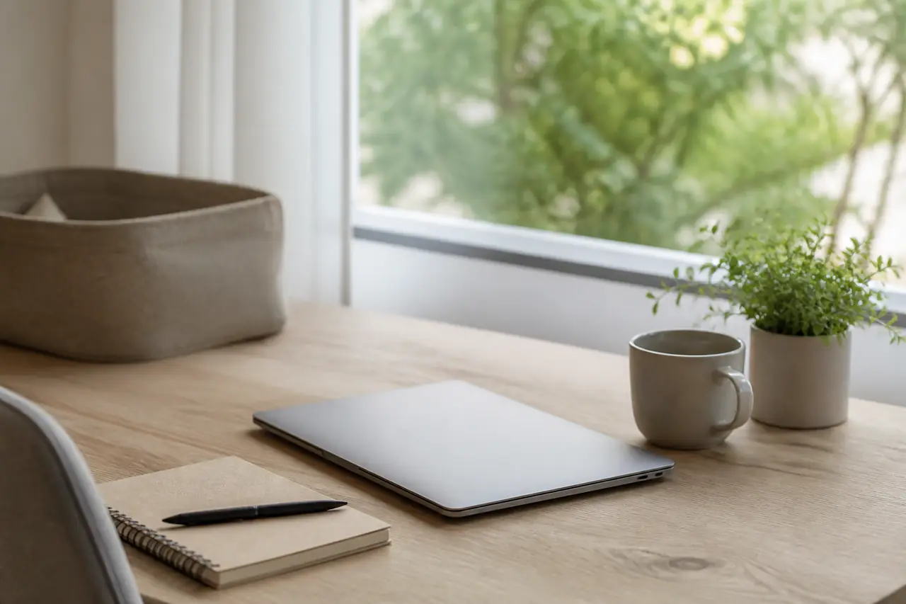 Un coin de bureau à domicile devant une fenêtre, lumière du matin, ordinateur portable fermé, carnet et plante verte