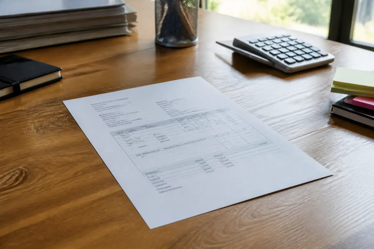 Document administratif sur bureau avec calculatrice et informations sur le numéro SIRET.