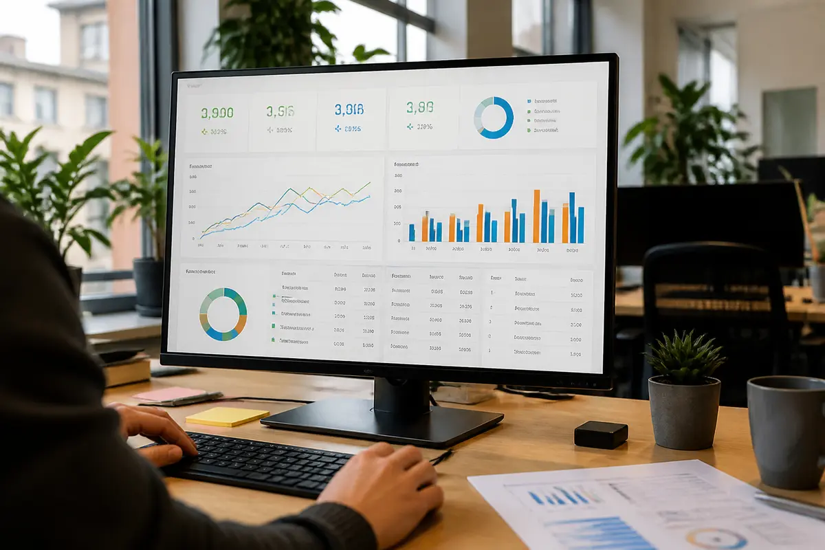 Écran d'ordinateur affichant le tableau de bord de nebulabusiness.fr avec graphiques analytiques colorés