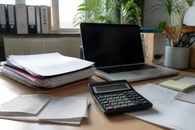 Bureau avec ordinateur, documents et calculatrice pour calculs TVA hors taxes toutes taxes comprises