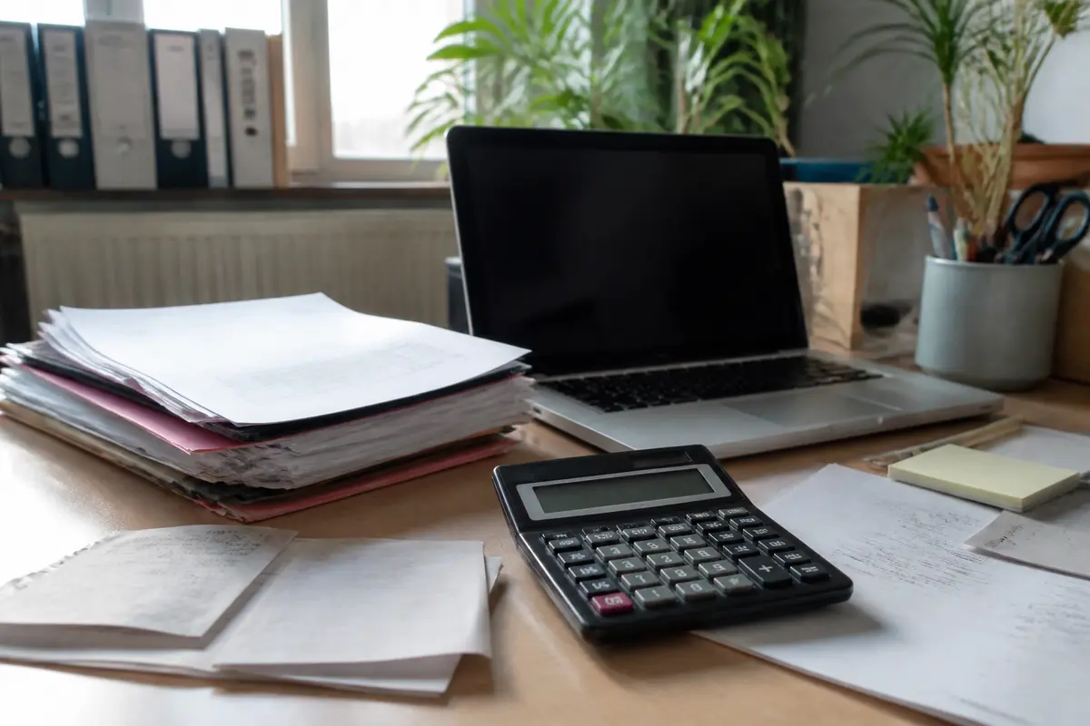 Bureau avec ordinateur, documents et calculatrice pour calculs TVA hors taxes toutes taxes comprises