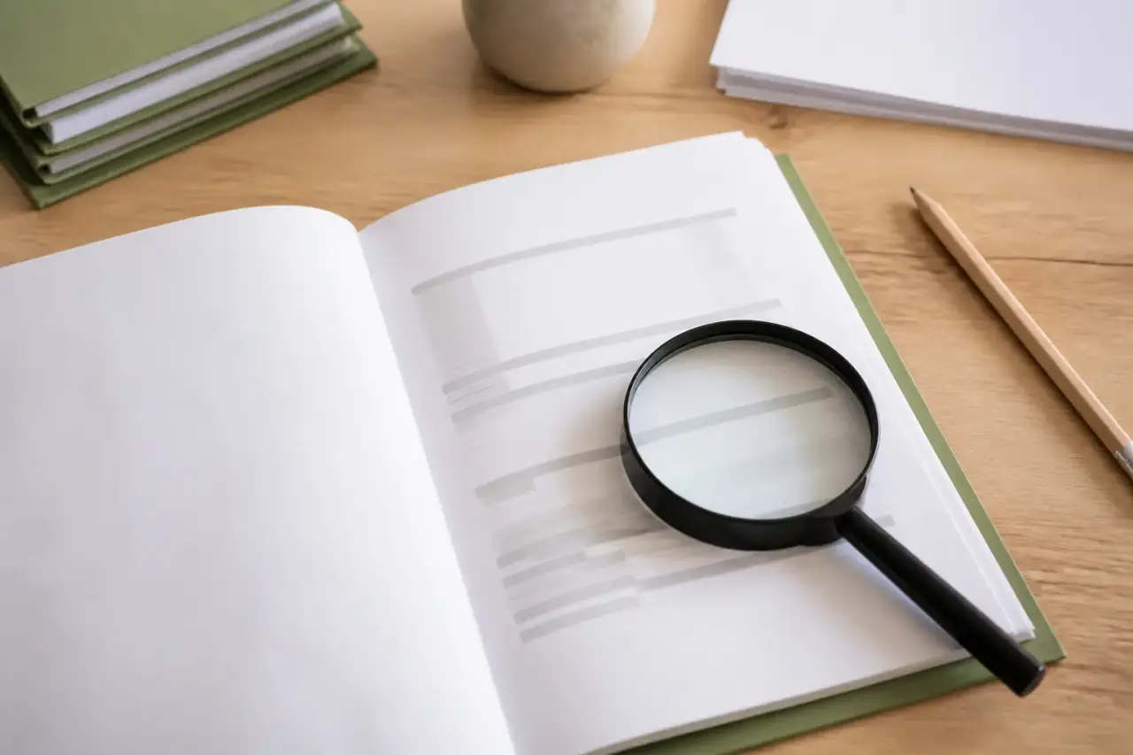 Carnet ouvert sur une facture annotée au crayon, une loupe posée sur la ligne de TVA, lumière douce sur un bureau en bois