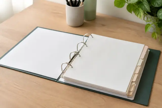 Un classeur d’archives ouvert avec des intercalaires pâles vierges, posé sur un bureau en bois clair