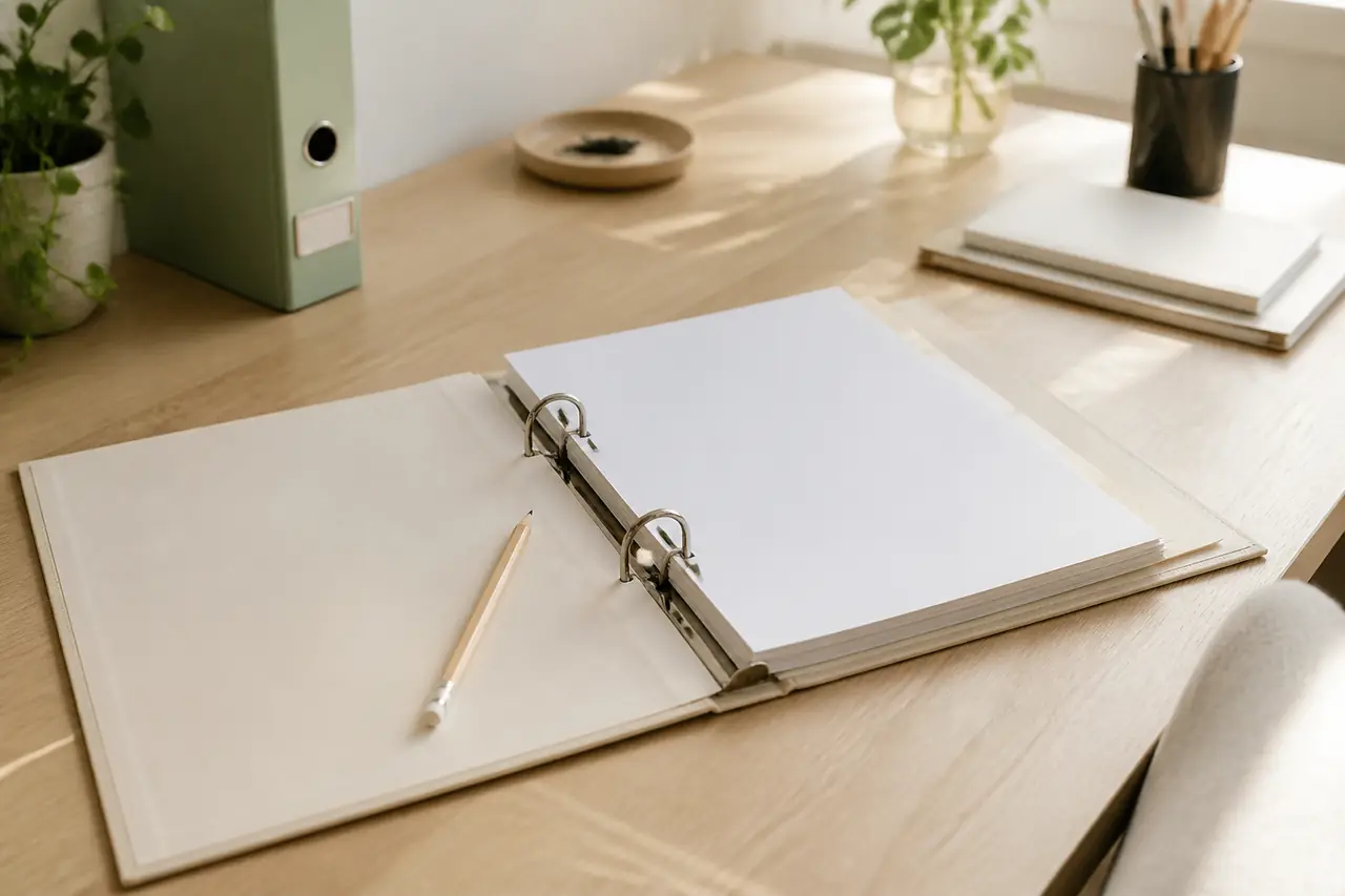 Un classeur d’archives ouvert sur un bureau en bois clair, intercalaires pâles vierges et un crayon