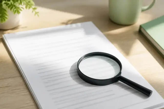 Une loupe posée sur une page dont les lignes sont floues et illisibles, sur un bureau en bois clair