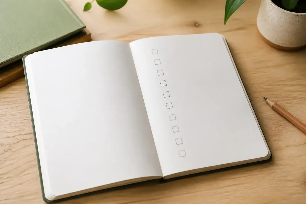 Un carnet ouvert posé sur une table en bois clair, avec une colonne de cases carrées vides dessinée au crayon