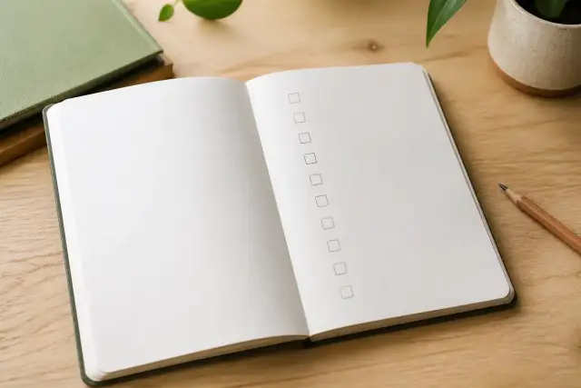 Un carnet ouvert posé sur une table en bois clair, avec une colonne de cases carrées vides dessinée au crayon