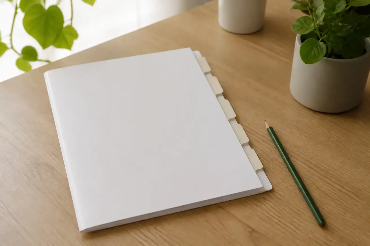 Un lexique à onglets pâles vierges et un crayon posés sur un bureau en bois clair