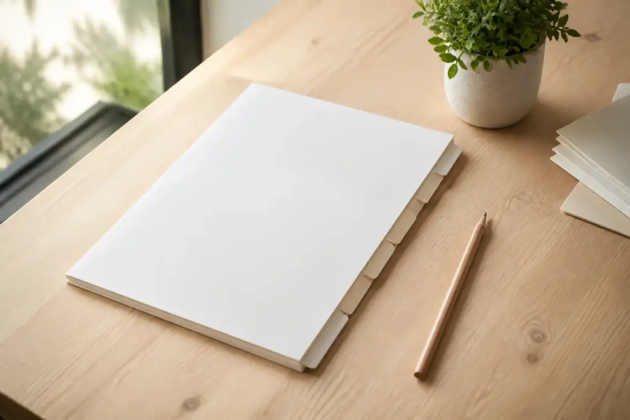 Un lexique à onglets pâles vierges et un crayon posés sur un bureau en bois clair