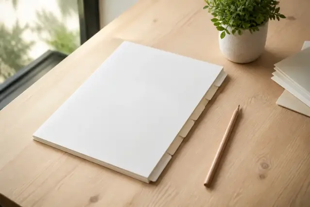 Un lexique à onglets pâles vierges et un crayon posés sur un bureau en bois clair