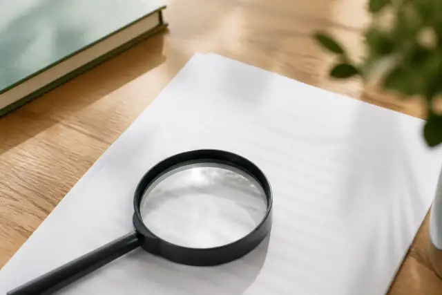 Une loupe posée sur une page dont les lignes sont floues et illisibles, sur un bureau en bois clair