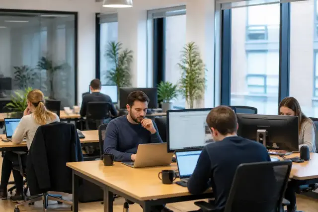 Employés travaillant sur ordinateurs dans un bureau à Paris pour Wizica Business